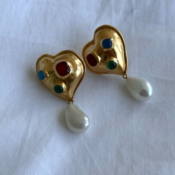 Missoma x Rouje Gold Heart Earrings with Pearl and Gem Accents - Picture 3 of 5
